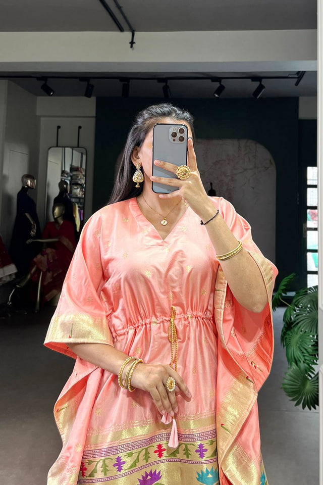 Peach Paithani Woven Soft Silk Kaftaan Kurti Top (ACA7553)