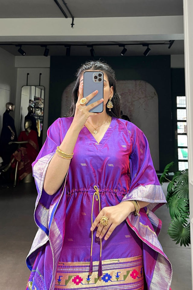 Violet Paithani Woven Soft Silk Kaftaan Kurti Top (ACA7555)