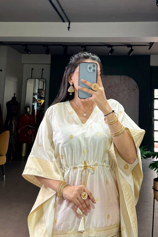 Off White Paithani Woven Soft Silk Kaftaan Kurti Top (ACA7557)