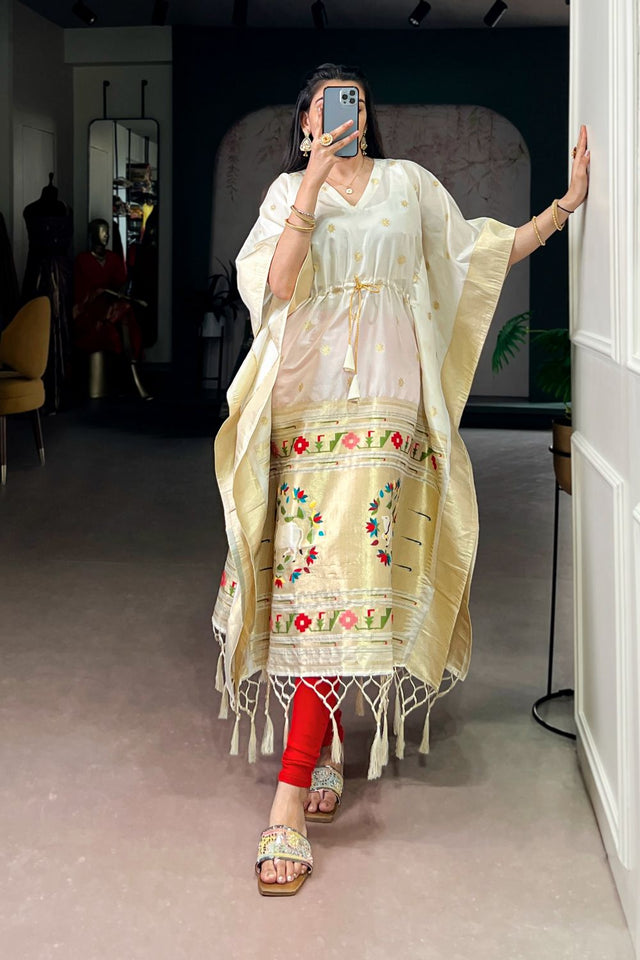 Off White Paithani Woven Soft Silk Kaftaan Kurti Top (ACA7557)