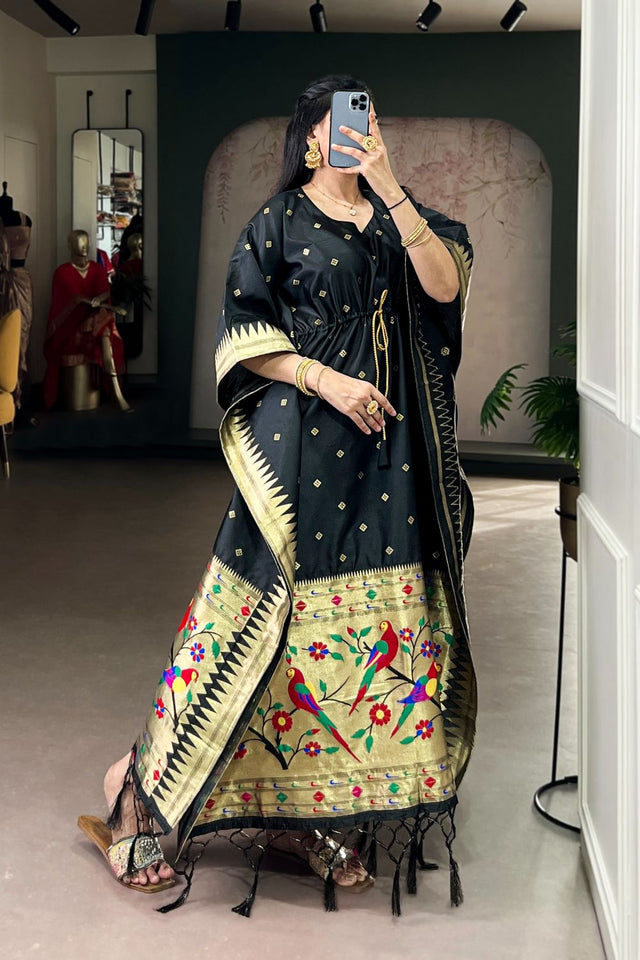 Black Paithani Woven Soft Silk Kaftaan Kurti Top (ACA7558)