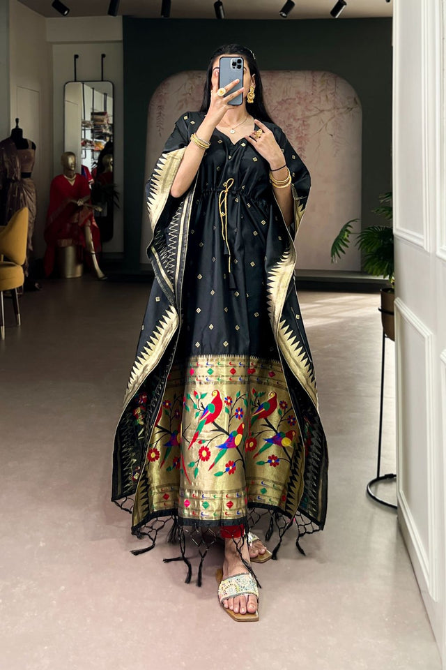 Black Paithani Woven Soft Silk Kaftaan Kurti Top (ACA7558)