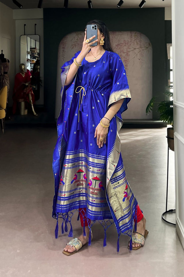 Blue Paithani Woven Soft Silk Kaftaan Kurti Top (ACA7559)