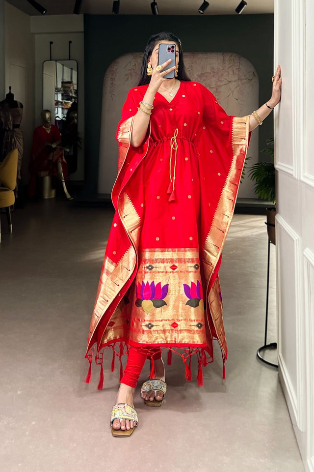 Red Paithani Woven Soft Silk Kaftaan Kurti Top (ACA7561)