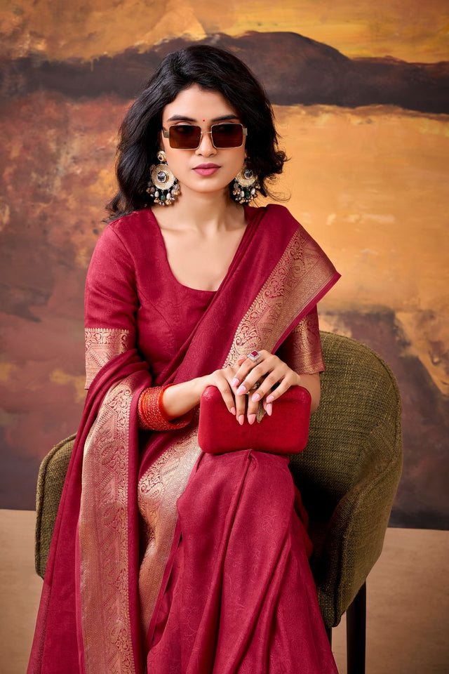 Maroon Zari Woven Silk Blend Saree (ACA7571)