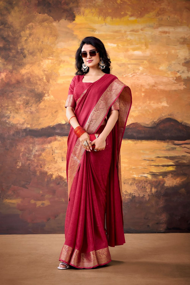 Maroon Zari Woven Silk Blend Saree (ACA7571)