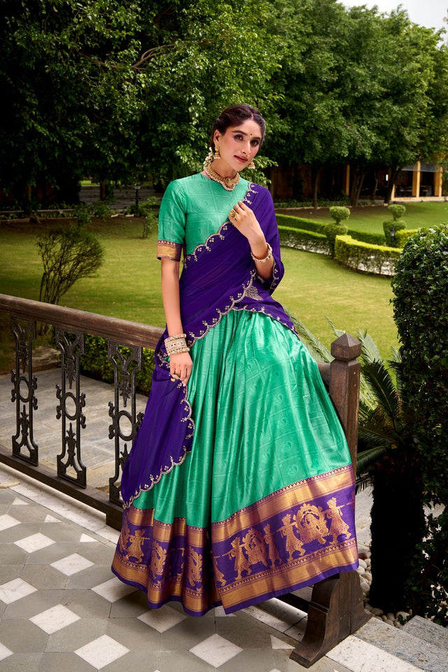 Sea Green Woven Cotton Lehenga (ACA7574)