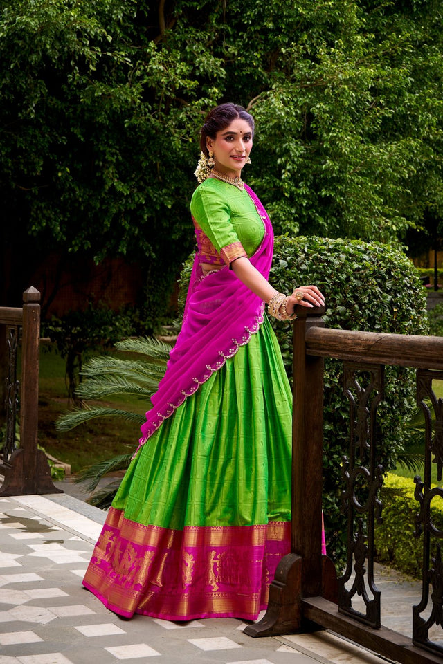 Dark Green Woven Cotton Lehenga (ACA7575)