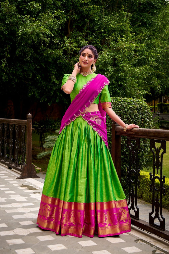 Dark Green Woven Cotton Lehenga (ACA7575)