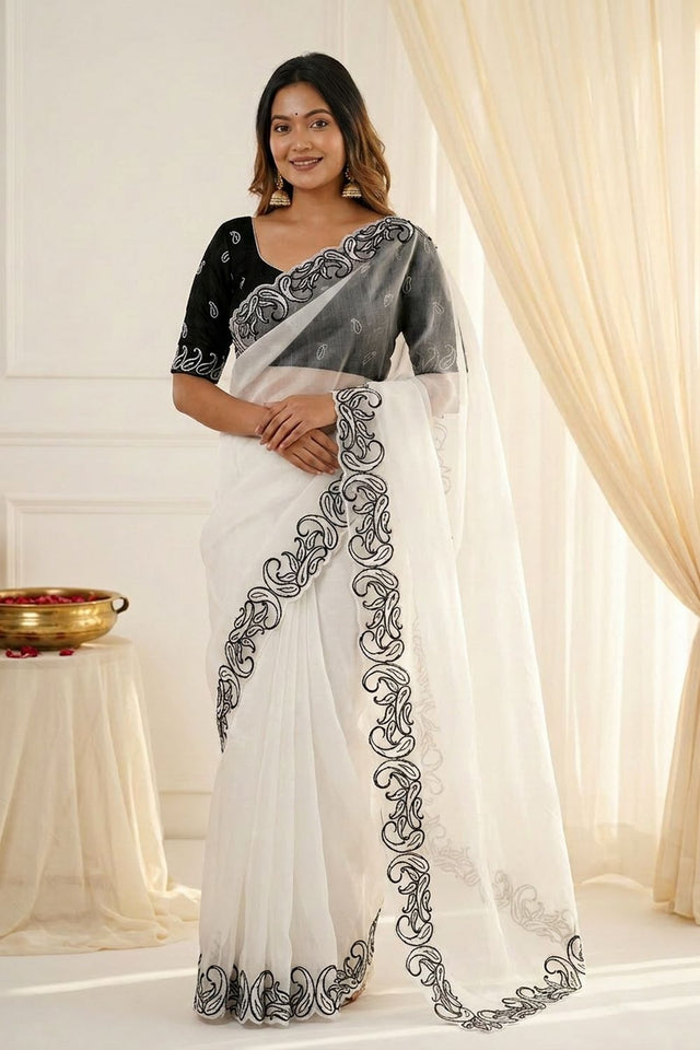 White Embroidered Silk Saree (ACA7578)