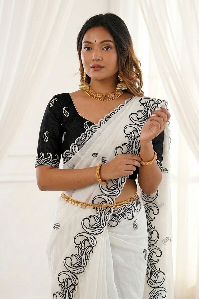 White Embroidered Silk Saree (ACA7578)