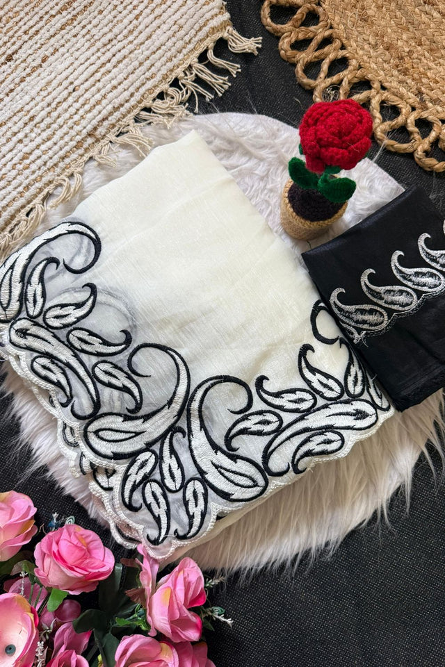 White Embroidered Silk Saree (ACA7578)
