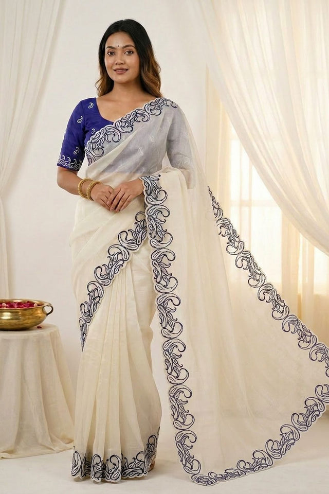 White Embroidered Silk Saree (ACA7579)