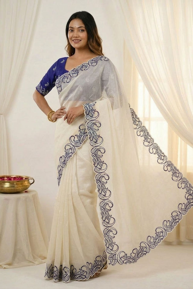 White Embroidered Silk Saree (ACA7579)