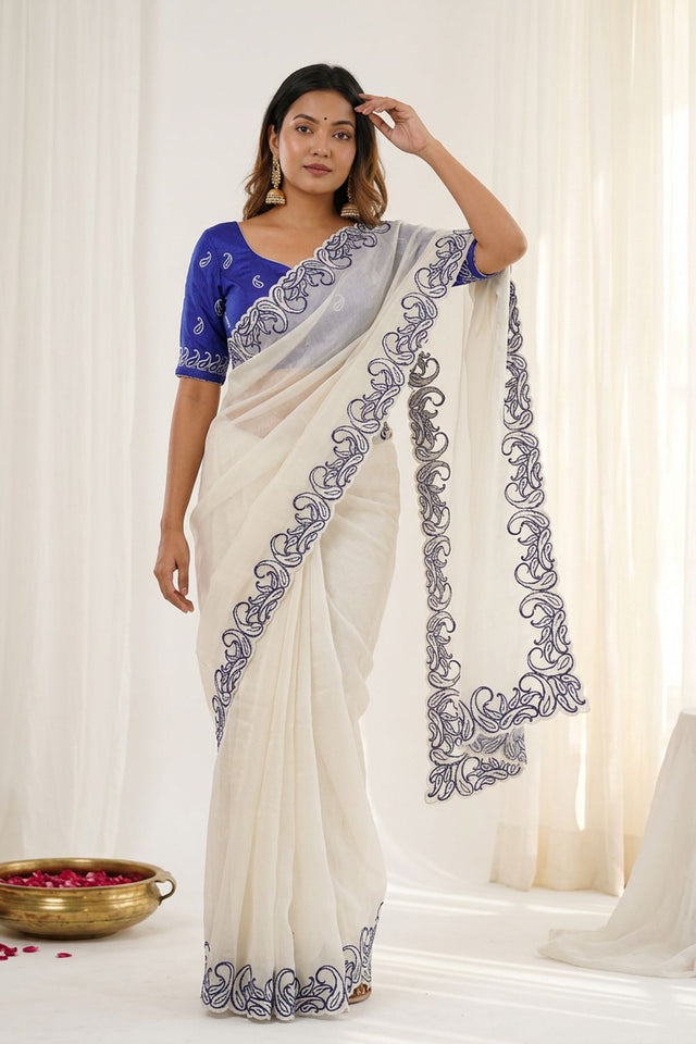 White Embroidered Silk Saree (ACA7579)