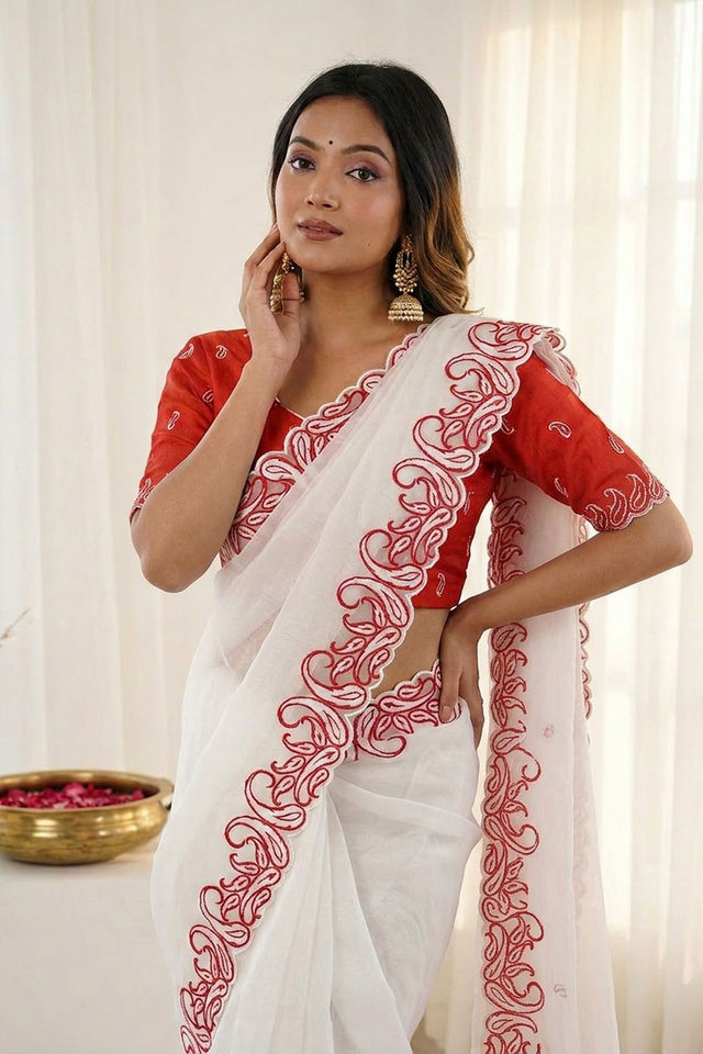 White Embroidered Silk Saree (ACA7580)