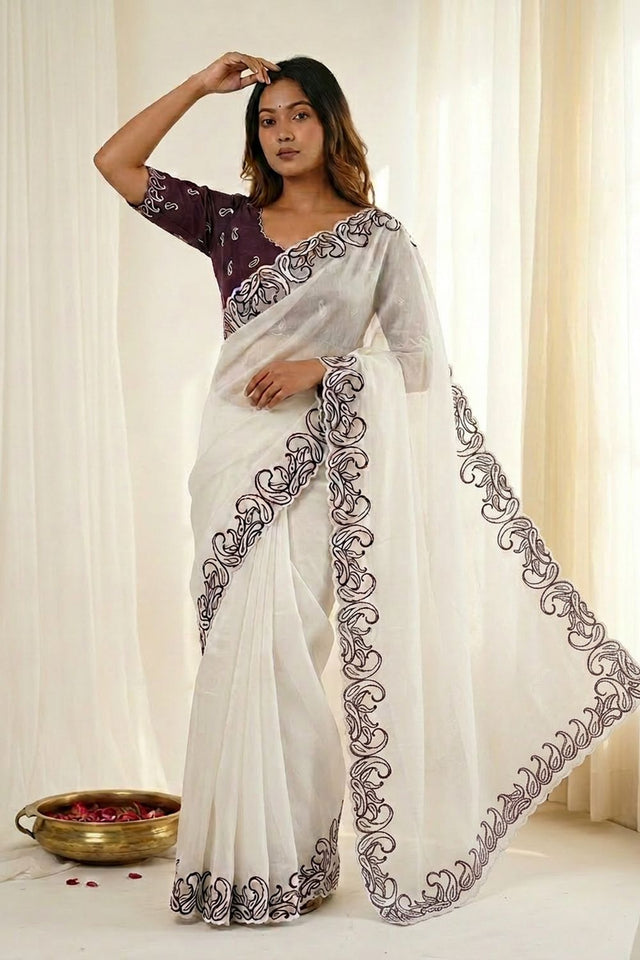 White Embroidered Silk Saree (ACA7581)