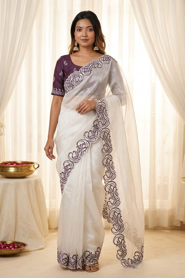 White Embroidered Silk Saree (ACA7581)