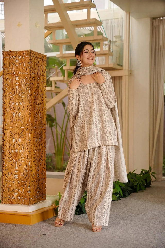Cream Floral Printed Cotton Blend Kurti Palazzo Set (ACA7582)