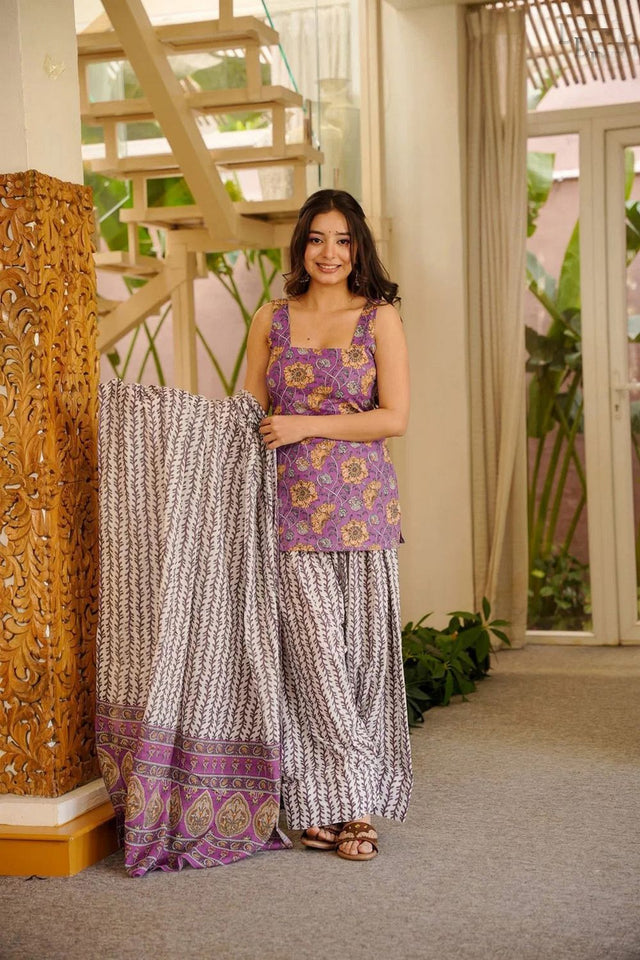 Violet Floral Printed Cotton Blend Kurti Palazzo Set (ACA7583)