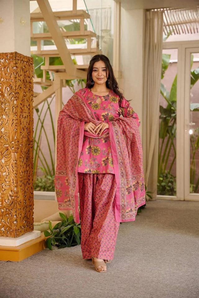 Pink Floral Printed Cotton Blend Kurti Palazzo Set (ACA7584)