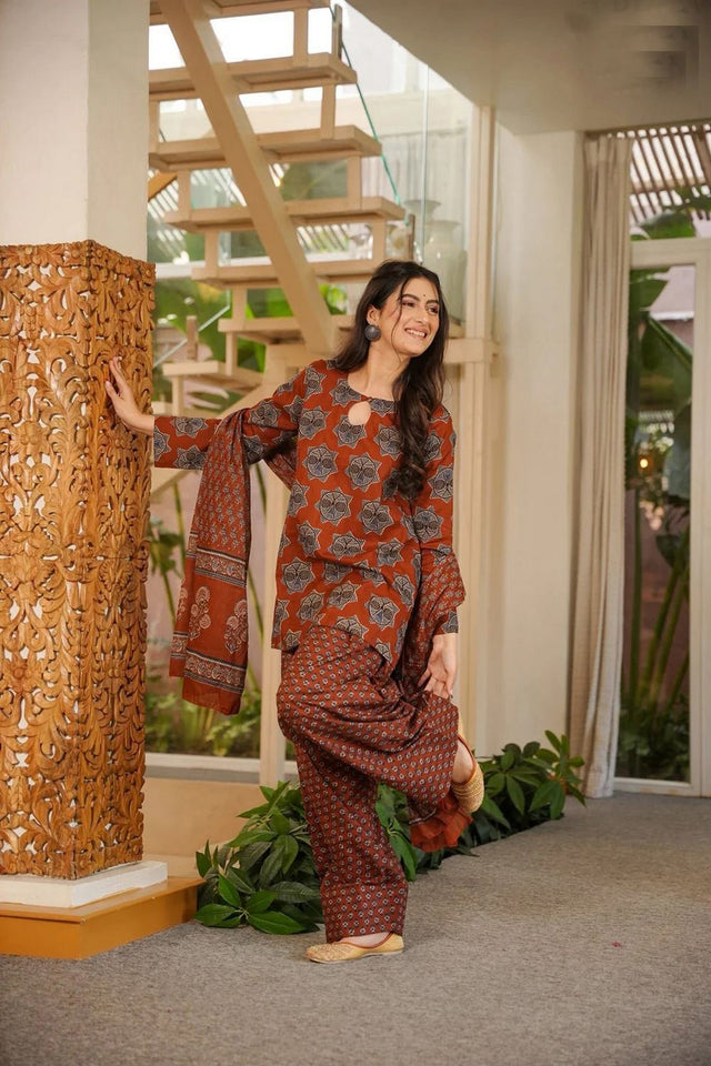 Rust Printed Cotton Blend Kurti Palazzo Set (ACA7585)