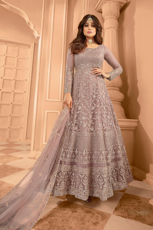 Mauve Sequin with Floral Embroiderd Net Anarkali Suit (ACA7586)