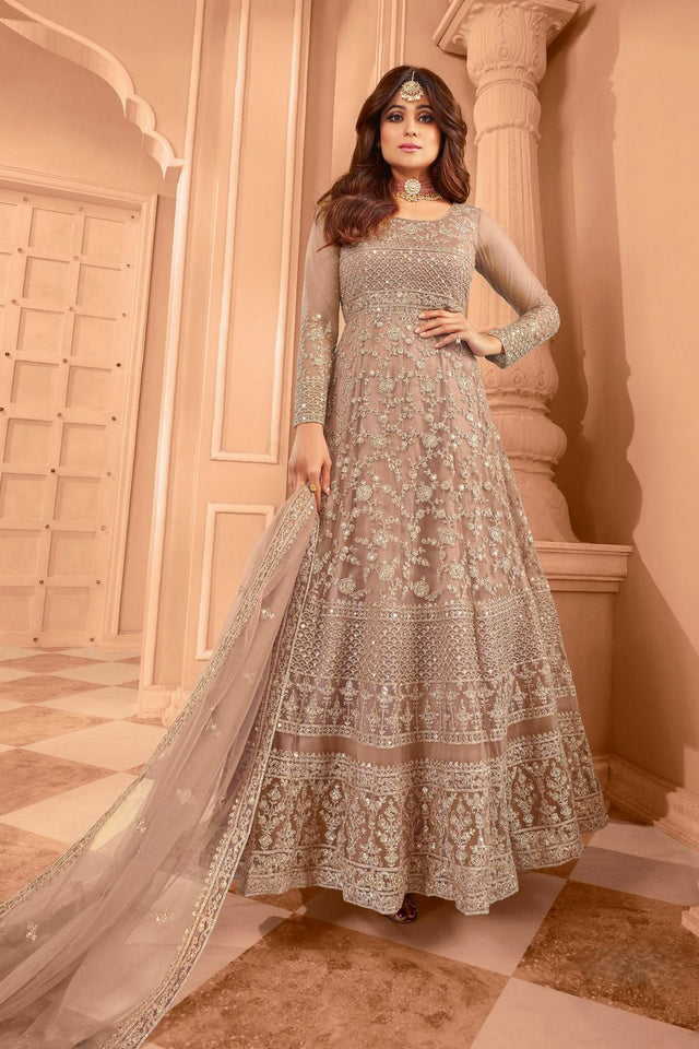 Beige Sequin with Floral Embroiderd Net Anarkali Suit (ACA7587)