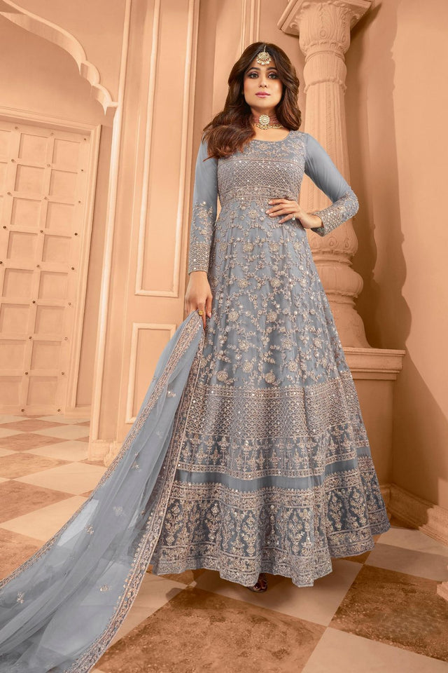 Blue Sequin with Floral Embroiderd Net Anarkali Suit (ACA7588)