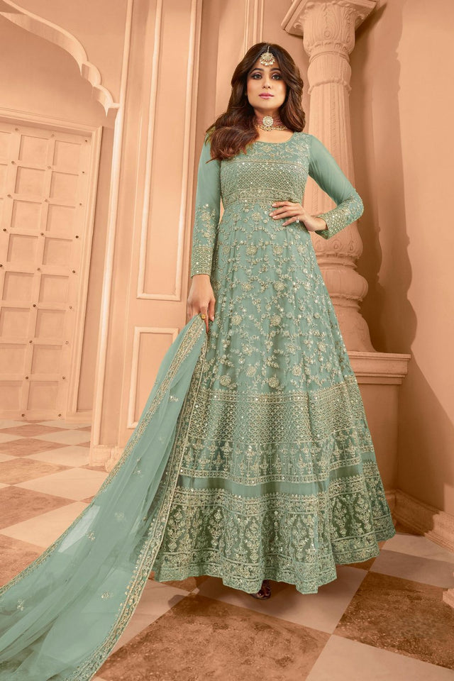 Green Sequin with Floral Embroiderd Net Anarkali Suit (ACA7589)