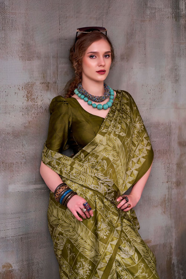 Mehendi Printed Satin Saree (ACA7599)