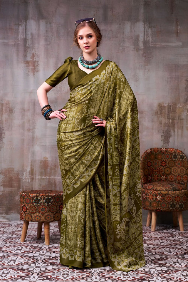 Mehendi Printed Satin Saree (ACA7599)