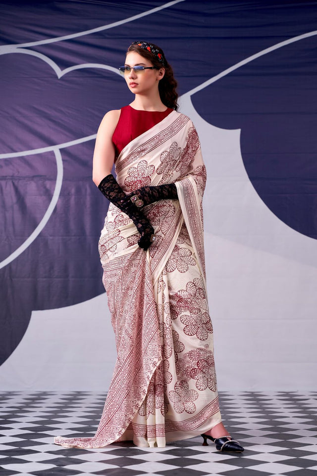 Maroon Printed Satin Saree (ACA7603)