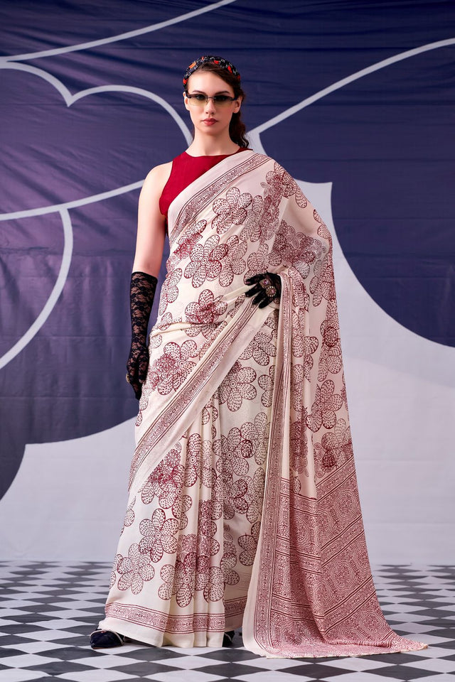 Maroon Printed Satin Saree (ACA7603)