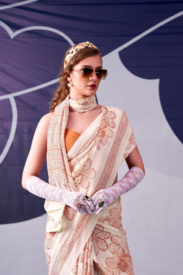Peach Printed Satin Saree (ACA7604)