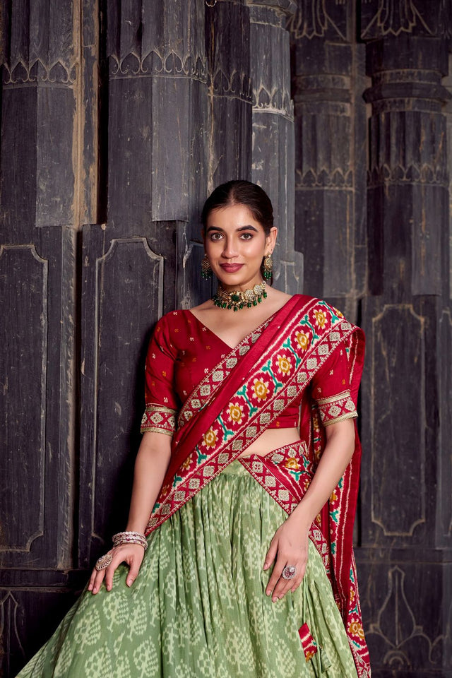 Green Ikkat Printed Silk Blend Lehenga (ACA7622)