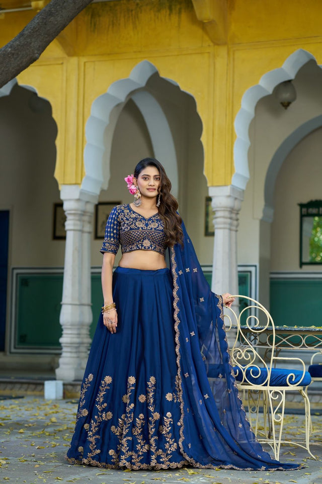 Blue Floral Embroidered Silk Lehenga (ACA7625)