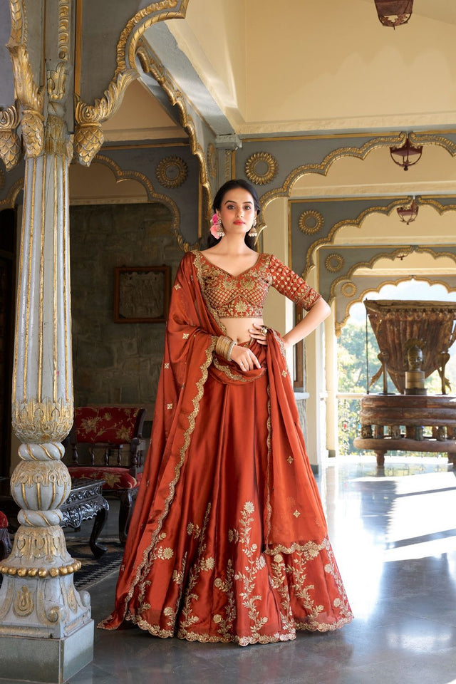 Rust Floral Embroidered Silk Lehenga (ACA7626)