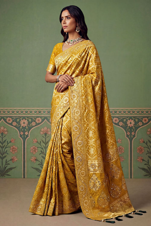 Mustard Floral Woven Silk Saree (ACA7631)