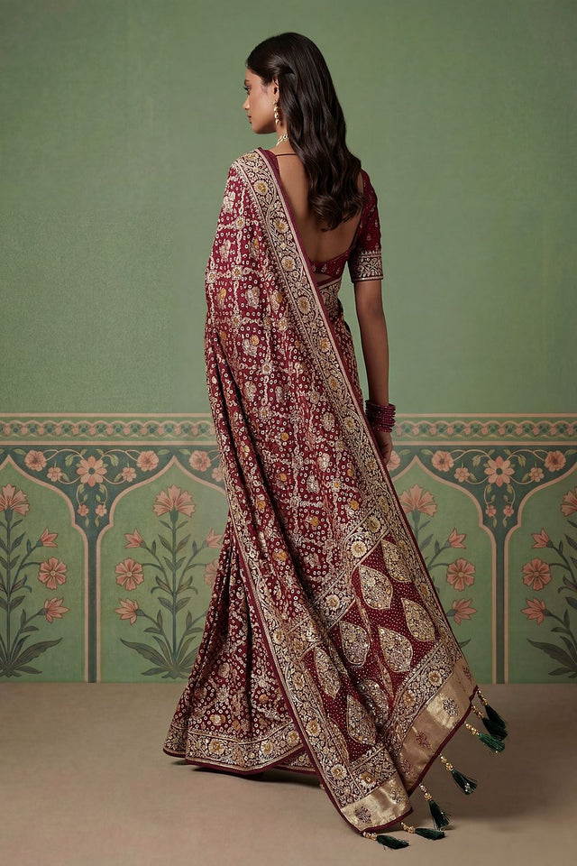 Wine Floral Woven Silk Saree (ACA7632)