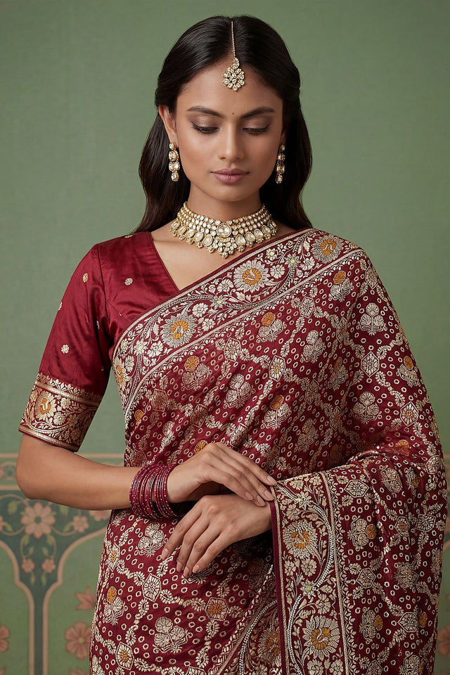 Wine Floral Woven Silk Saree (ACA7632)