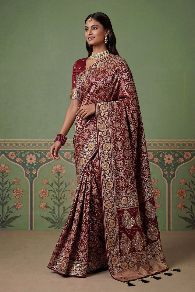 Wine Floral Woven Silk Saree (ACA7632)