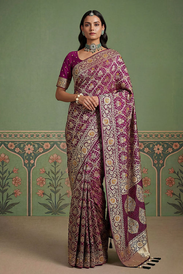 Violet Floral Woven Silk Saree (ACA7634)