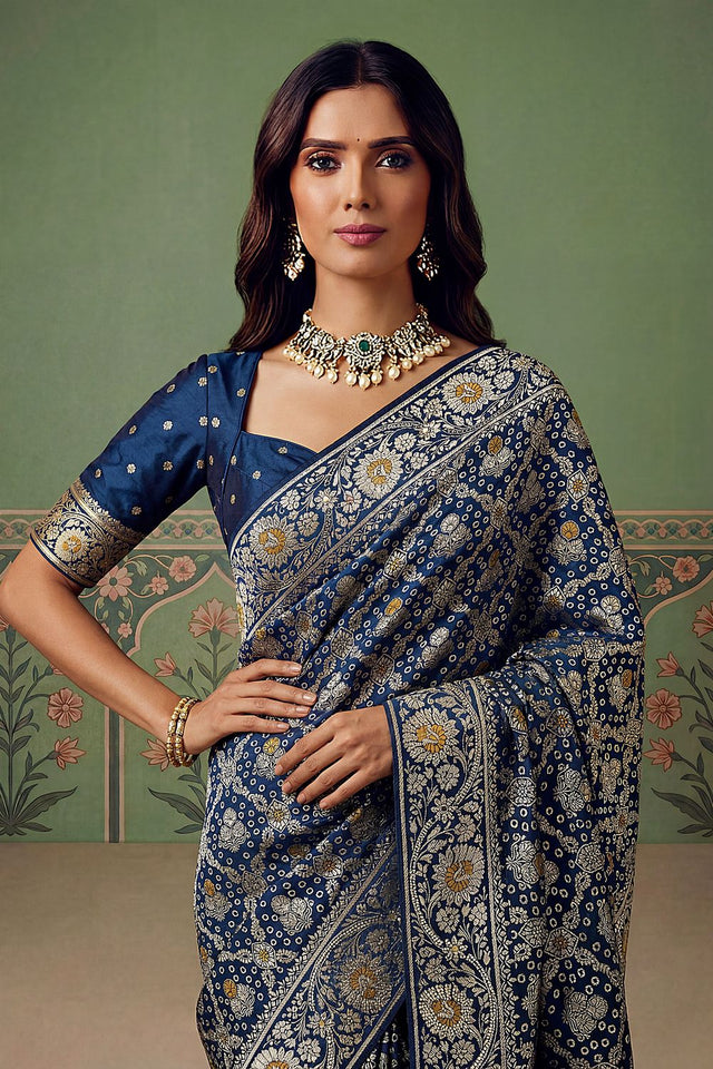 Blue Floral Woven Silk Saree (ACA7635)