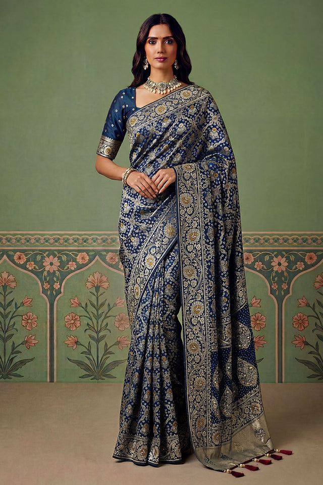 Blue Floral Woven Silk Saree (ACA7635)