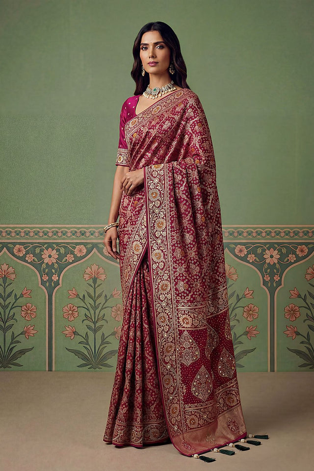 Maroon Floral Woven Silk Saree (ACA7636)
