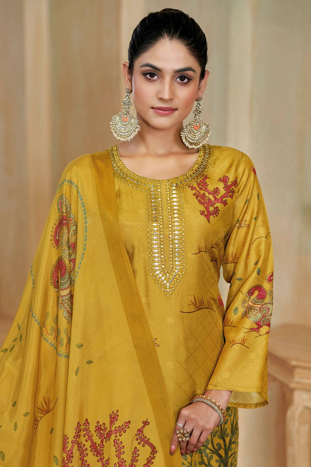 Yellow Printed with Embroidered Silk Straight Cut Suit (ACA7648)