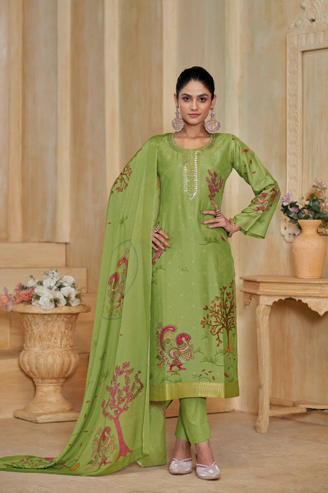 Green Printed with Embroidered Silk Straight Cut Suit (ACA7650)