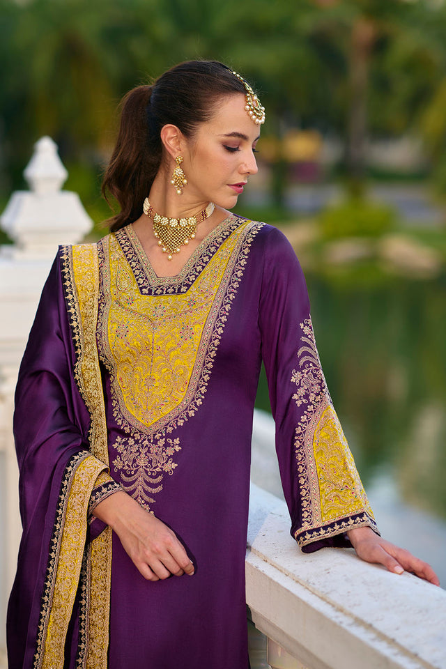 Violet Sequin with Embroidered Silk Straight Cut Suit (ACA7651)