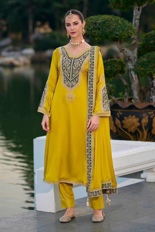 Yellow Sequin with Embroidered Silk Straight Cut Suit (ACA7654)